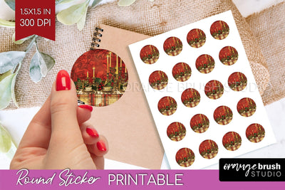 Vintage Christmas Round Sticker - Retro Printable Stickers Sublimation OrangeBrushStudio 