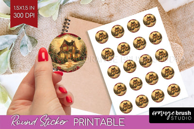Vintage Christmas Round Sticker - Retro Printable Stickers Sublimation OrangeBrushStudio 