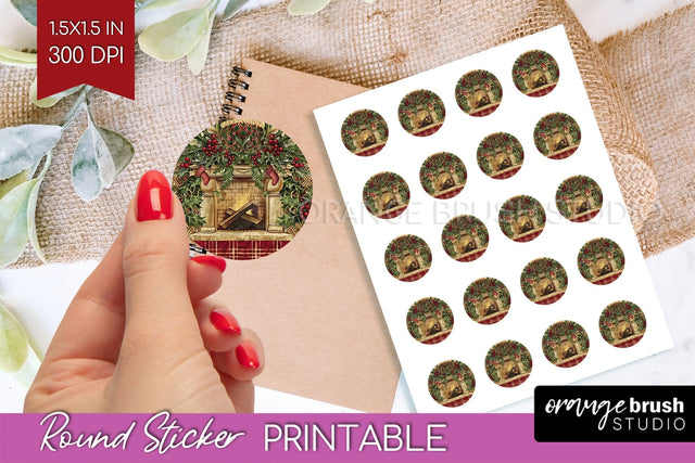 Vintage Christmas Round Sticker - Retro Printable Stickers Sublimation OrangeBrushStudio 