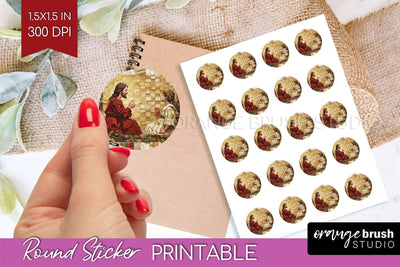 Vintage Christmas Round Sticker - Retro Printable Stickers Sublimation OrangeBrushStudio 