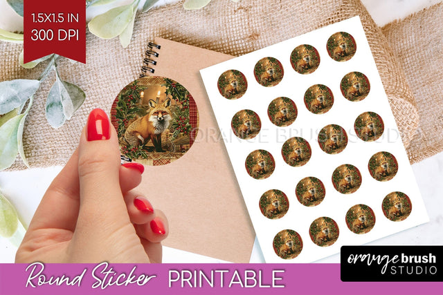 Vintage Christmas Round Sticker - Retro Printable Stickers Sublimation OrangeBrushStudio 