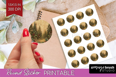 Vintage Christmas Round Sticker - Retro Printable Stickers Sublimation OrangeBrushStudio 