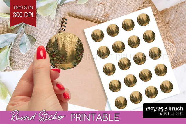 Vintage Christmas Round Sticker - Retro Printable Stickers Sublimation OrangeBrushStudio 