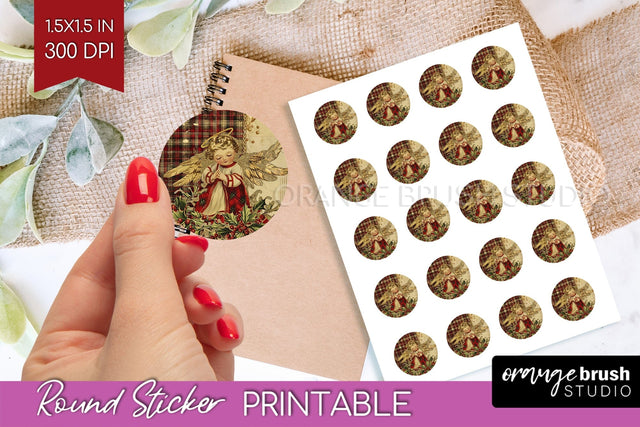 Vintage Christmas Round Sticker - Retro Printable Stickers Sublimation OrangeBrushStudio 