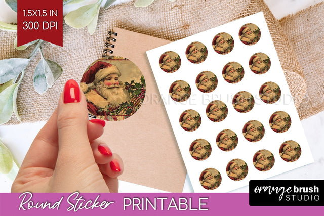 Vintage Christmas Round Sticker - Retro Printable Stickers Sublimation OrangeBrushStudio 