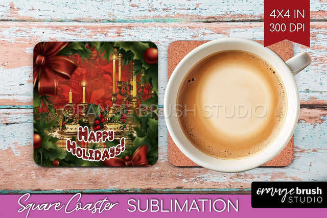 Vintage Christmas Square Coaster - Xmas Coaster Sublimation Sublimation OrangeBrushStudio 