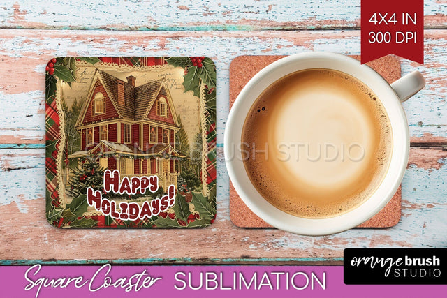 Vintage Christmas Square Coaster - Xmas Coaster Sublimation Sublimation OrangeBrushStudio 