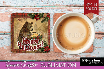 Vintage Christmas Square Coaster - Xmas Coaster Sublimation Sublimation OrangeBrushStudio 