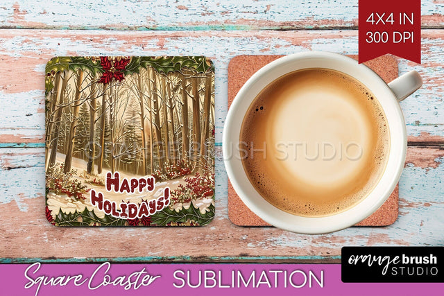 Vintage Christmas Square Coaster - Xmas Coaster Sublimation Sublimation OrangeBrushStudio 