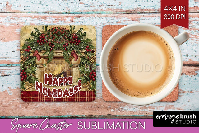 Vintage Christmas Square Coaster - Xmas Coaster Sublimation Sublimation OrangeBrushStudio 