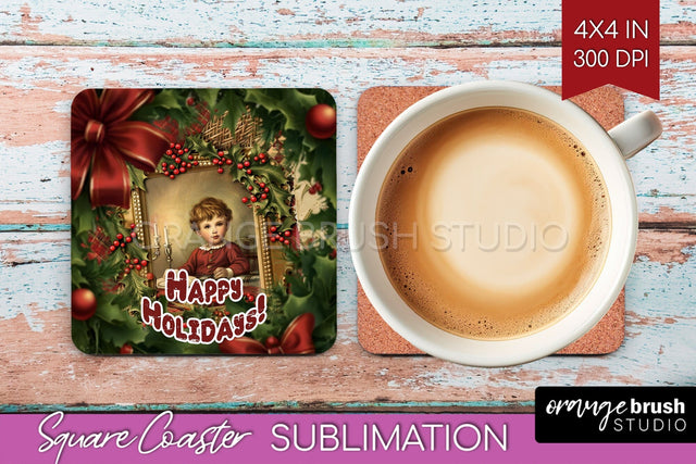 Vintage Christmas Square Coaster - Xmas Coaster Sublimation Sublimation OrangeBrushStudio 