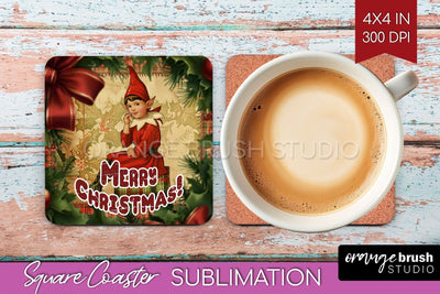 Vintage Christmas Square Coaster - Xmas Coaster Sublimation Sublimation OrangeBrushStudio 
