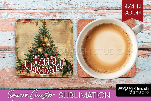 Vintage Christmas Square Coaster - Xmas Coaster Sublimation Sublimation OrangeBrushStudio 