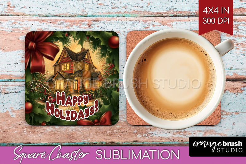 Vintage Christmas Square Coaster - Xmas Coaster Sublimation Sublimation OrangeBrushStudio 
