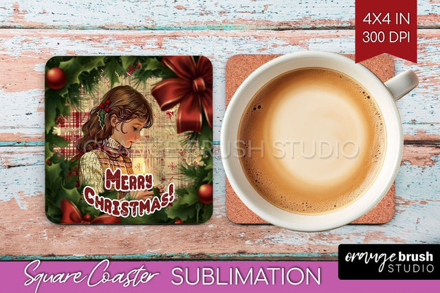 Vintage Christmas Square Coaster - Xmas Coaster Sublimation Sublimation OrangeBrushStudio 