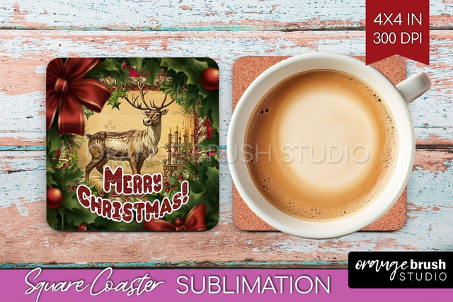Vintage Christmas Square Coaster - Xmas Coaster Sublimation Sublimation OrangeBrushStudio 