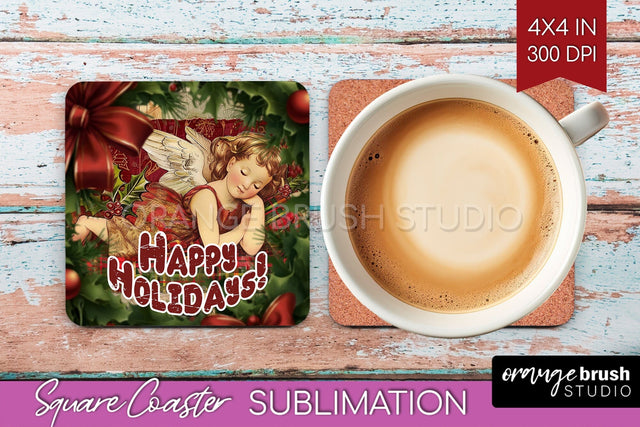 Vintage Christmas Square Coaster - Xmas Coaster Sublimation Sublimation OrangeBrushStudio 
