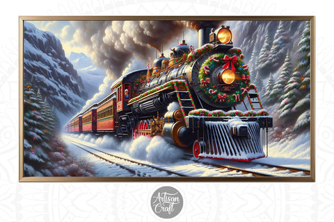 Vintage Christmas Train Frame TV Art Digital Pattern Artisan Craft SVG 