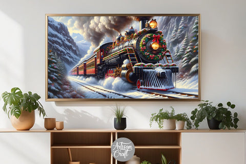 Vintage Christmas Train Frame TV Art Digital Pattern Artisan Craft SVG 