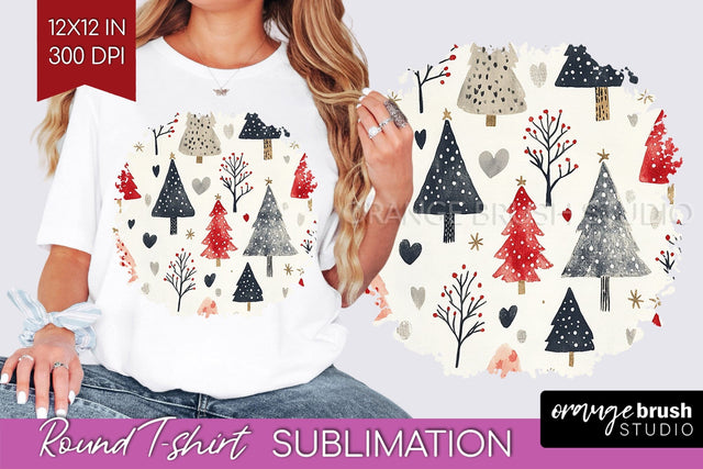 Vintage Christmas Tree Round Tshirt PNG Background Design Sublimation OrangeBrushStudio 