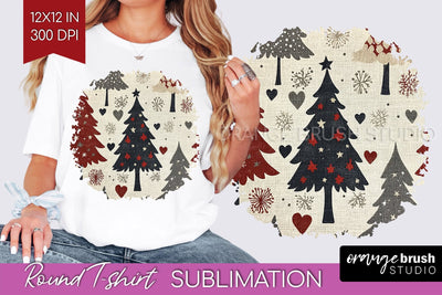 Vintage Christmas Tree Round Tshirt PNG Background Design Sublimation OrangeBrushStudio 