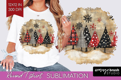 Vintage Christmas Tree Round Tshirt PNG Background Design Sublimation OrangeBrushStudio 