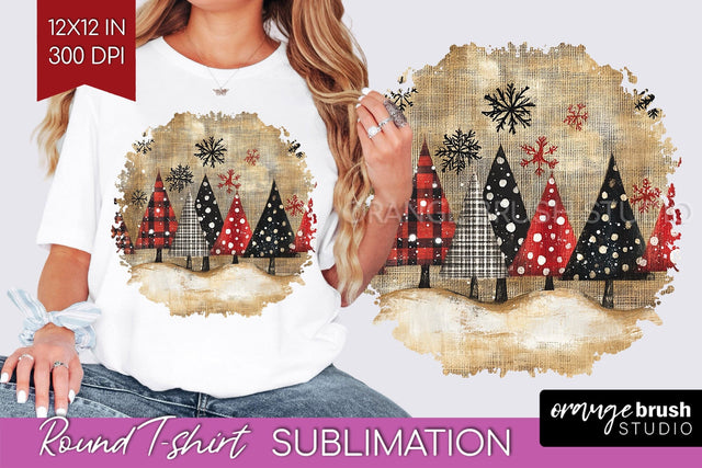 Vintage Christmas Tree Round Tshirt PNG Background Design Sublimation OrangeBrushStudio 