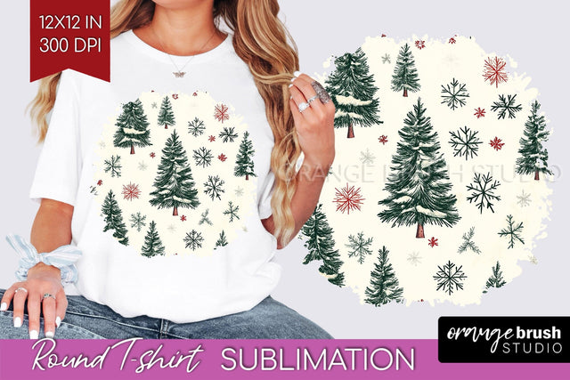 Vintage Christmas Tree Round Tshirt PNG Background Design Sublimation OrangeBrushStudio 