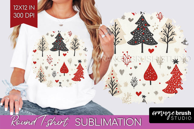 Vintage Christmas Tree Round Tshirt PNG Background Design Sublimation OrangeBrushStudio 