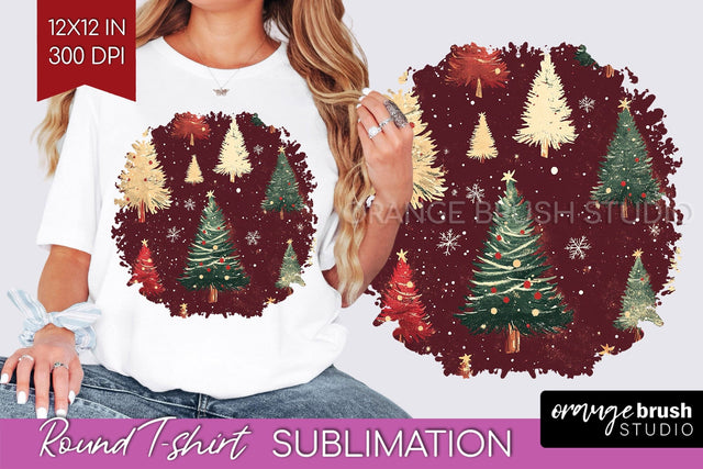 Vintage Christmas Tree Round Tshirt PNG Background Design Sublimation OrangeBrushStudio 