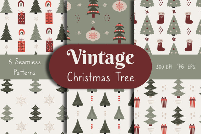 Vintage Christmas Tree Seamless Patterns Digital Pattern Rin Green 