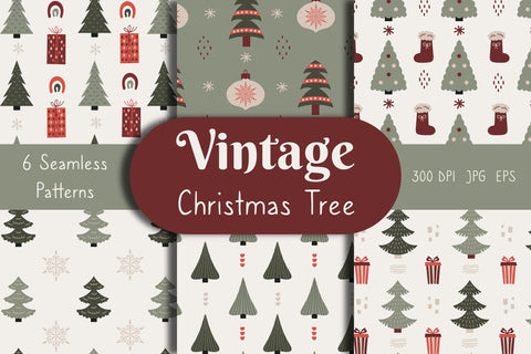 Vintage Christmas Tree Seamless Patterns Digital Pattern Rin Green 