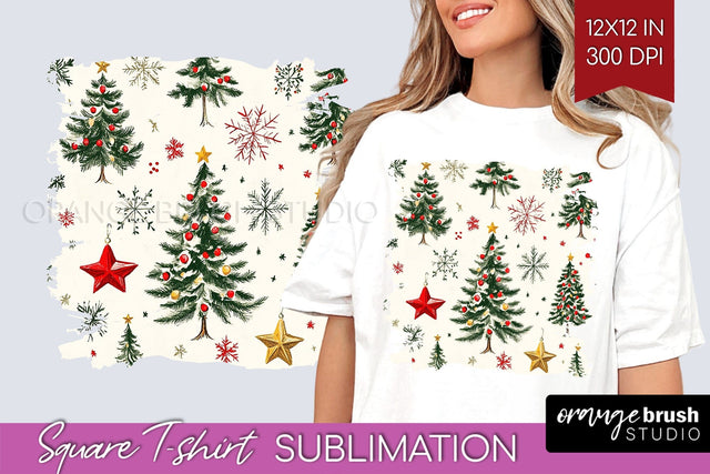 Vintage Christmas Tree Square Tshirt PNG Background Design Sublimation OrangeBrushStudio 