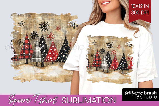 Vintage Christmas Tree Square Tshirt PNG Background Design Sublimation OrangeBrushStudio 
