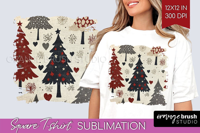 Vintage Christmas Tree Square Tshirt PNG Background Design Sublimation OrangeBrushStudio 