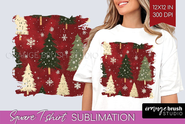 Vintage Christmas Tree Square Tshirt PNG Background Design Sublimation OrangeBrushStudio 