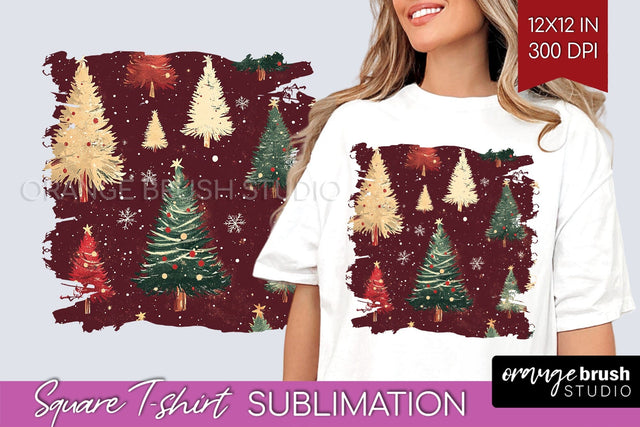 Vintage Christmas Tree Square Tshirt PNG Background Design Sublimation OrangeBrushStudio 