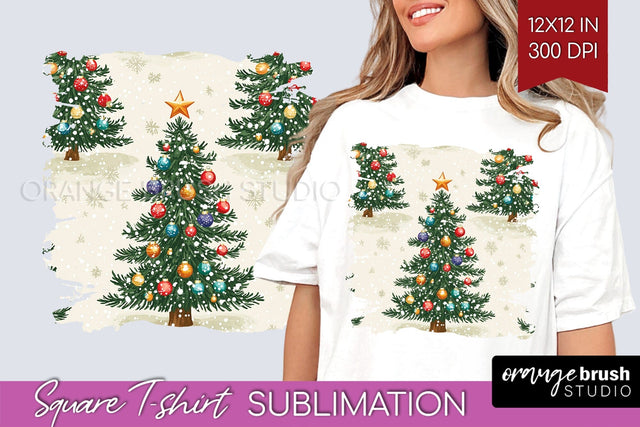Vintage Christmas Tree Square Tshirt PNG Background Design Sublimation OrangeBrushStudio 