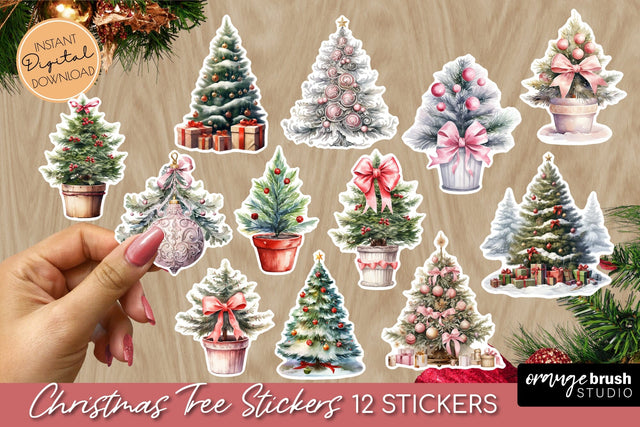 Vintage Christmas Tree Sticker Pack - Christmas Stickers PNG Sublimation OrangeBrushStudio 