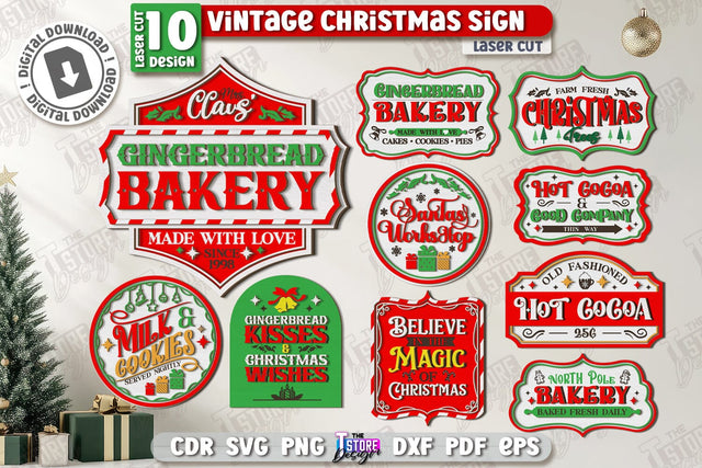 Vintage Christmas Wall Signs Laser Cut Bundle | Winter Front Door Decor | Retro Signs | Xmas Wall Decor | CNC Files SVG The T Store Design 