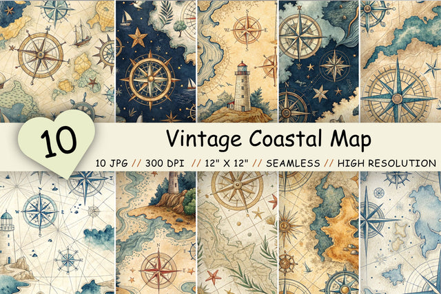 Vintage Coastal Map Digital Paper Pack, Seamless Watercolor Pattern Bundle, Printable Scrapbook Paper, Antique Geography Design Collection Digital Pattern FloridPrintables 