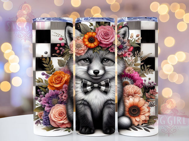 Vintage Cottagecore Fox Checkered Tumbler, Checkered Tumbler Design, Floral Woodland Tumbler, 20oz Fox Sublimation Wrap, Cottagecore Animal Tumbler, Retro Checkered Tumbler Sublimation SvggirlplusArt 