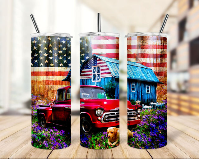 Vintage Country Farm 20oz Skinny Tumbler PNG Sublimation Designs, Red Barn Farmhouse, Old Truck, American Flag Tumbler Wrap Digital Download Sublimation TrendingDesign 