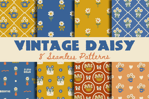 Vintage Daisy Seamless Patterns & Digital Patterns Set Digital Pattern Rin Green 