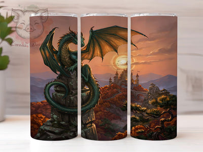 Vintage Dragon Emerald Wings 20oz Tumbler, Medieval Fantasy, Emerald Dragon, Bronze Wings, Stone Pillar, Skinny Tumbler, Sublimation PNG Sublimation Lara' s Designs 