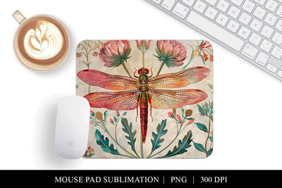 Vintage Dragonfly Mouse Pad Design, Botanical Desk Mat PNG Sublimation BijouBay 