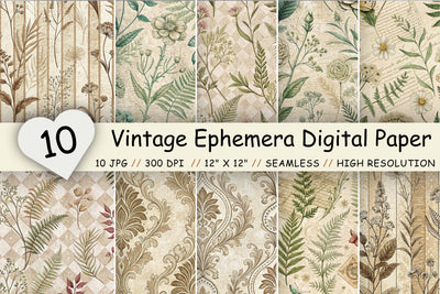 Vintage Ephemera Digital Paper Pack, Antique Floral Seamless Patterns, Junk Journal & Printable Crafts Digital Pattern FloridPrintables 