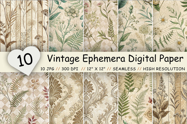 Vintage Ephemera Digital Paper Pack, Antique Floral Seamless Patterns, Junk Journal & Printable Crafts Digital Pattern FloridPrintables 