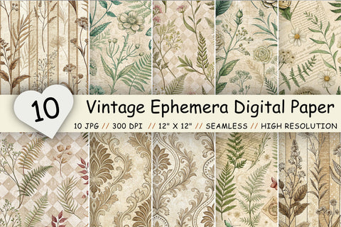 Vintage Ephemera Digital Paper Pack, Antique Floral Seamless Patterns, Junk Journal & Printable Crafts Digital Pattern FloridPrintables 