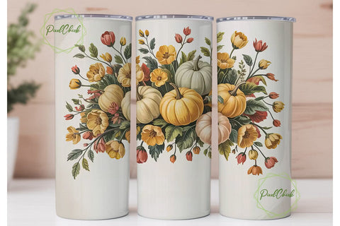 Vintage Fall Floral Pumpkin 20oz Tumbler Sublimation PixelChick 